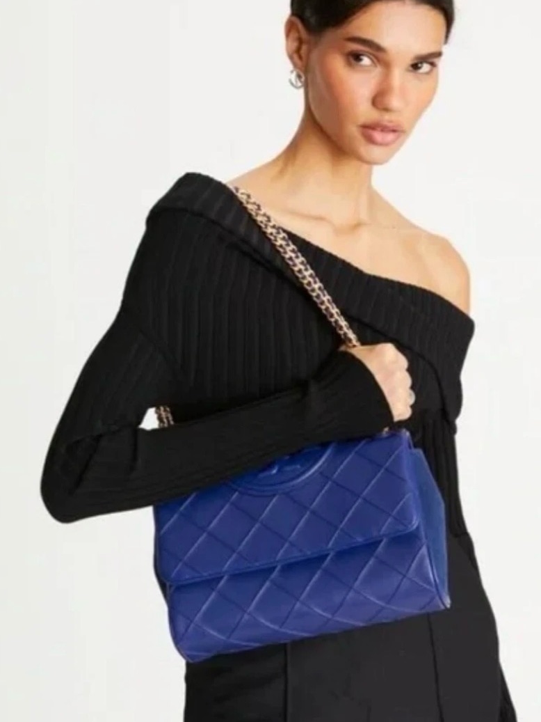Tory Burch Quilted Royal Blue Shoulder Bag With Chain Strap